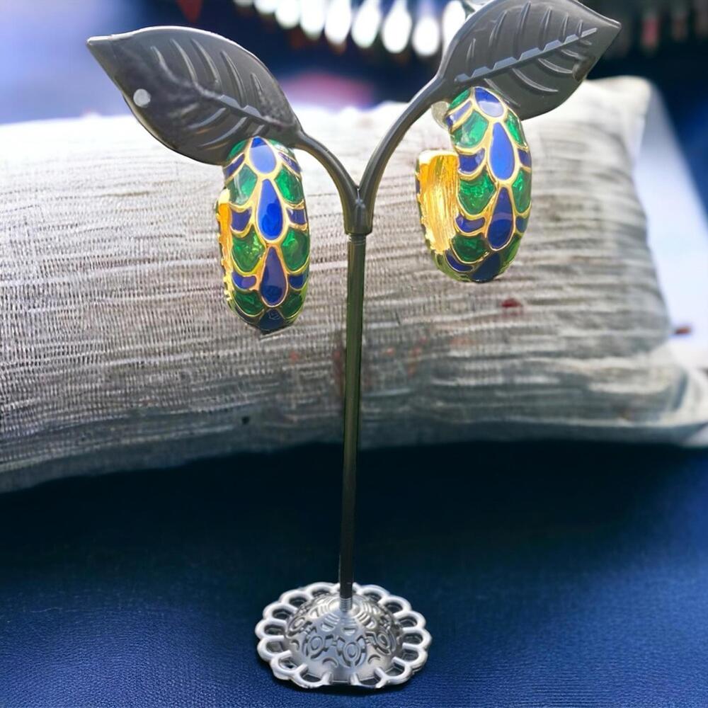 Nordstroms Enamel Blue, Green, & Gold Hoop Earrings in a Peacock Design